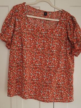 SHEIN Red Floral Square-Neck Puff Sleeve Blouse